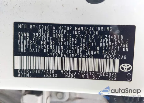 2021 Toyota Corolla L из США, поврежденный, VIN 5YFDPMAEXMP164768